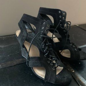 NEW Black Strappy Lace Up Wedges
